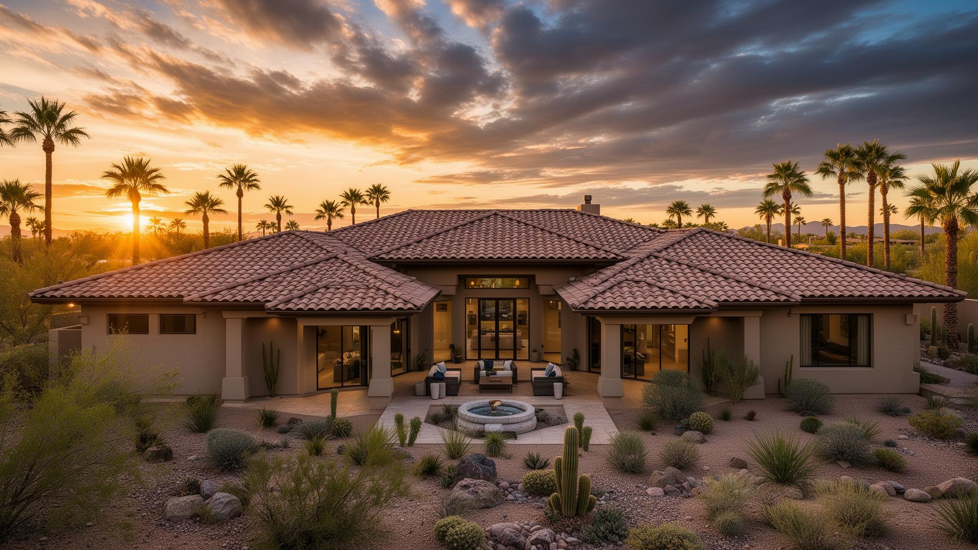 Premium Arizona home with new tile roof at sunset